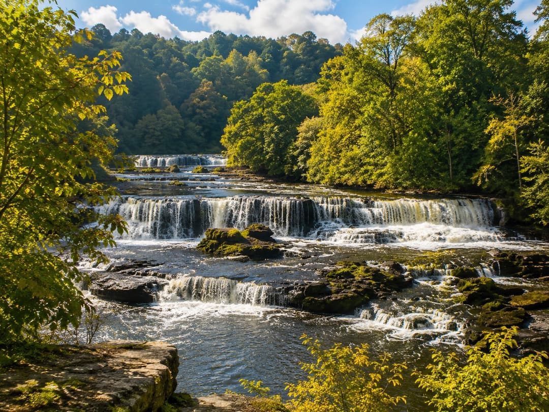 The River Ure tumbling over limestone steps at Aysgarth Falls in Wensleydale