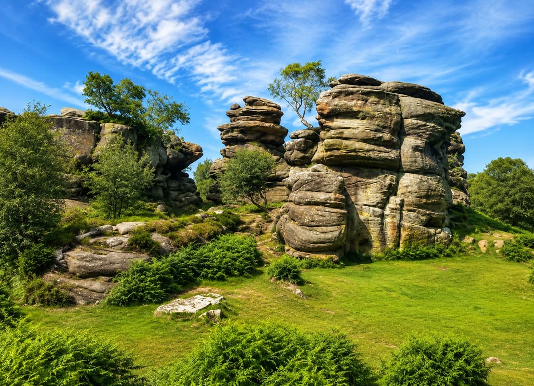 Ancient millstone grit rock formations balanced on Yorkshire moorland at golden hour