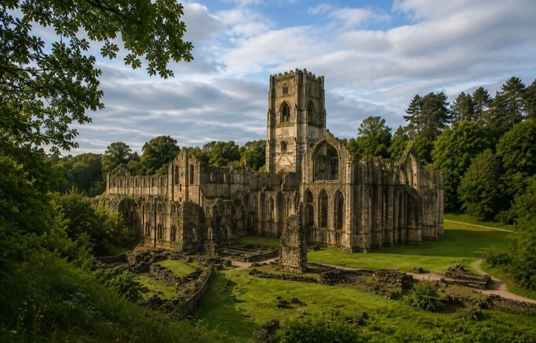 Fountains Abbey ruins rising above the Skell valley