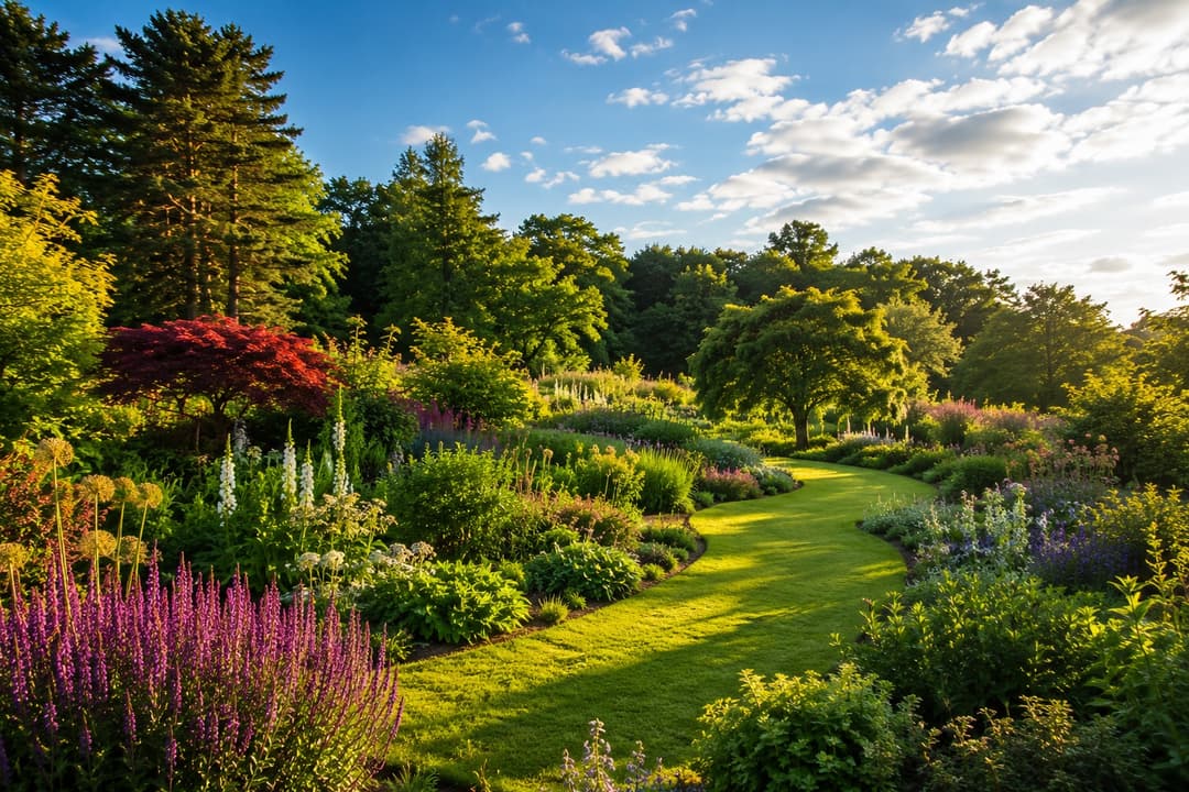 RHS Garden Harlow Carr with vibrant herbaceous borders and mature trees