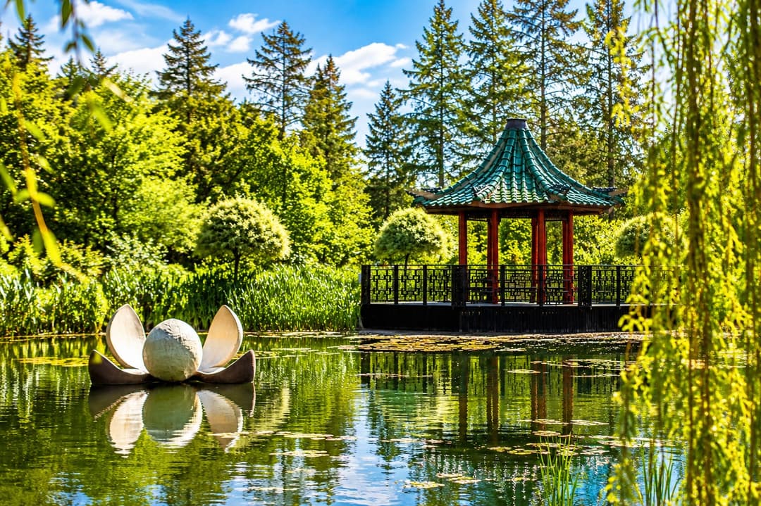 Himalayan Garden ornamental lake with pavilion reflected in still water