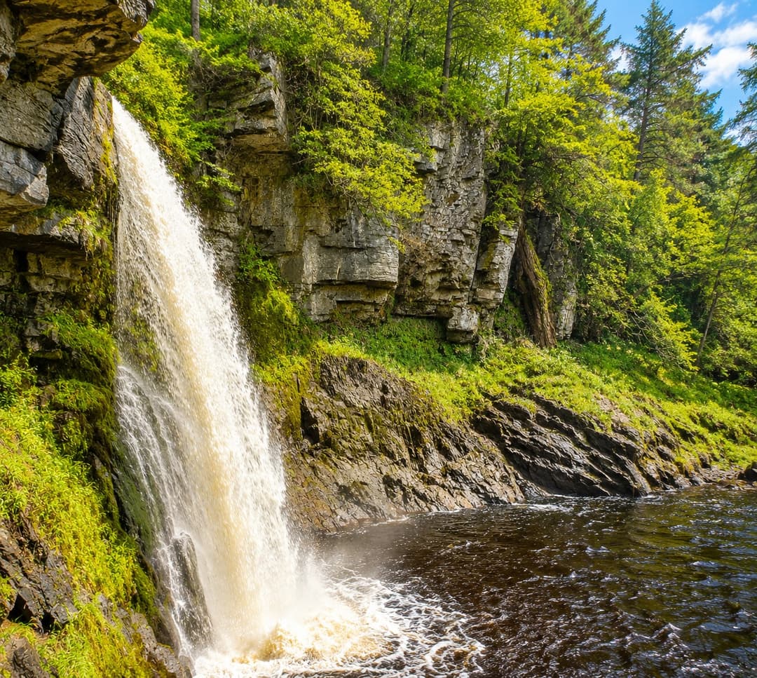 Thornton Force waterfall cascading into a pool in a limestone gorge