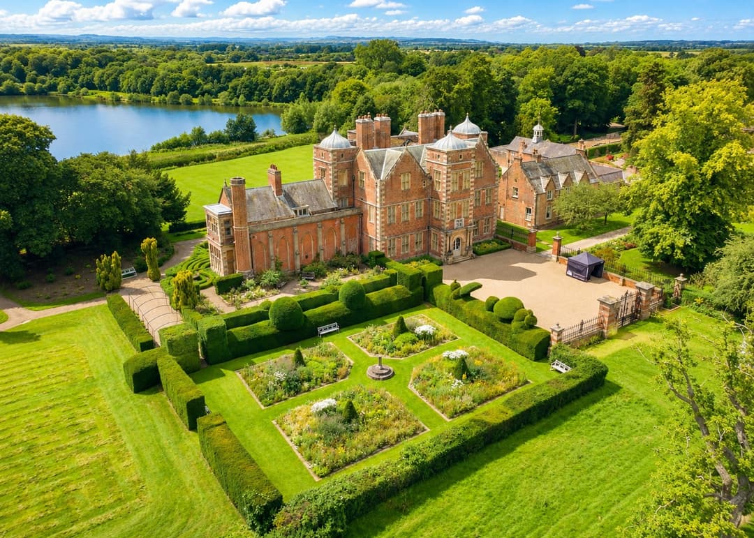 Kiplin Hall Jacobean house reflected in an ornamental lake in North Yorkshire