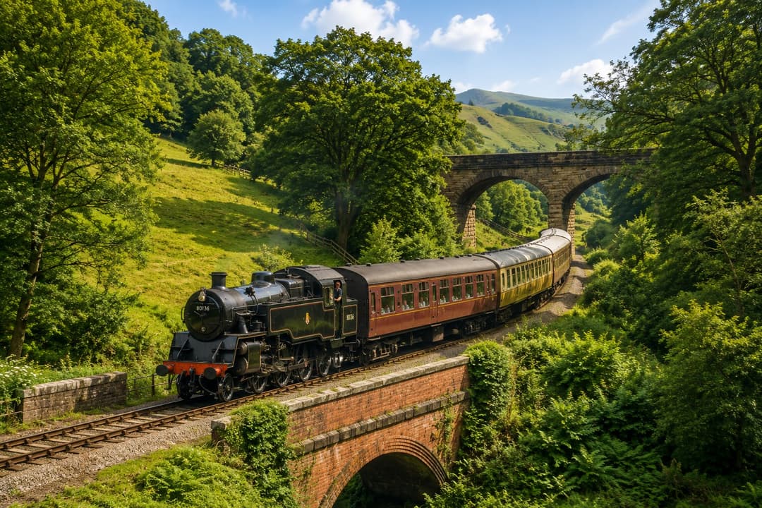 A steam locomotive crossing a wooded viaduct on the North Yorkshire Moors Railway