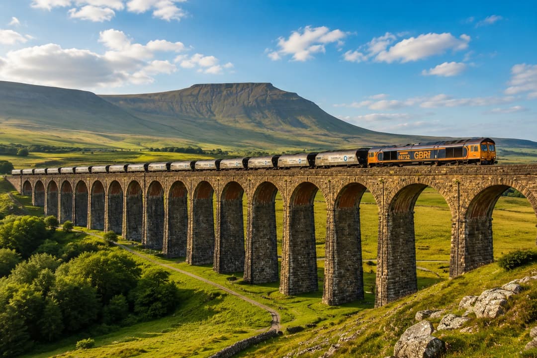The 24-arch Ribblehead Viaduct striding across Batty Moss beneath Whernside