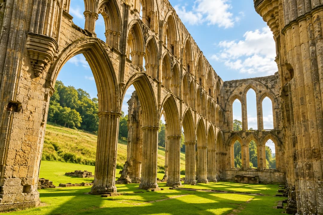 The ruined arches of Rievaulx Abbey set in its wooded valley