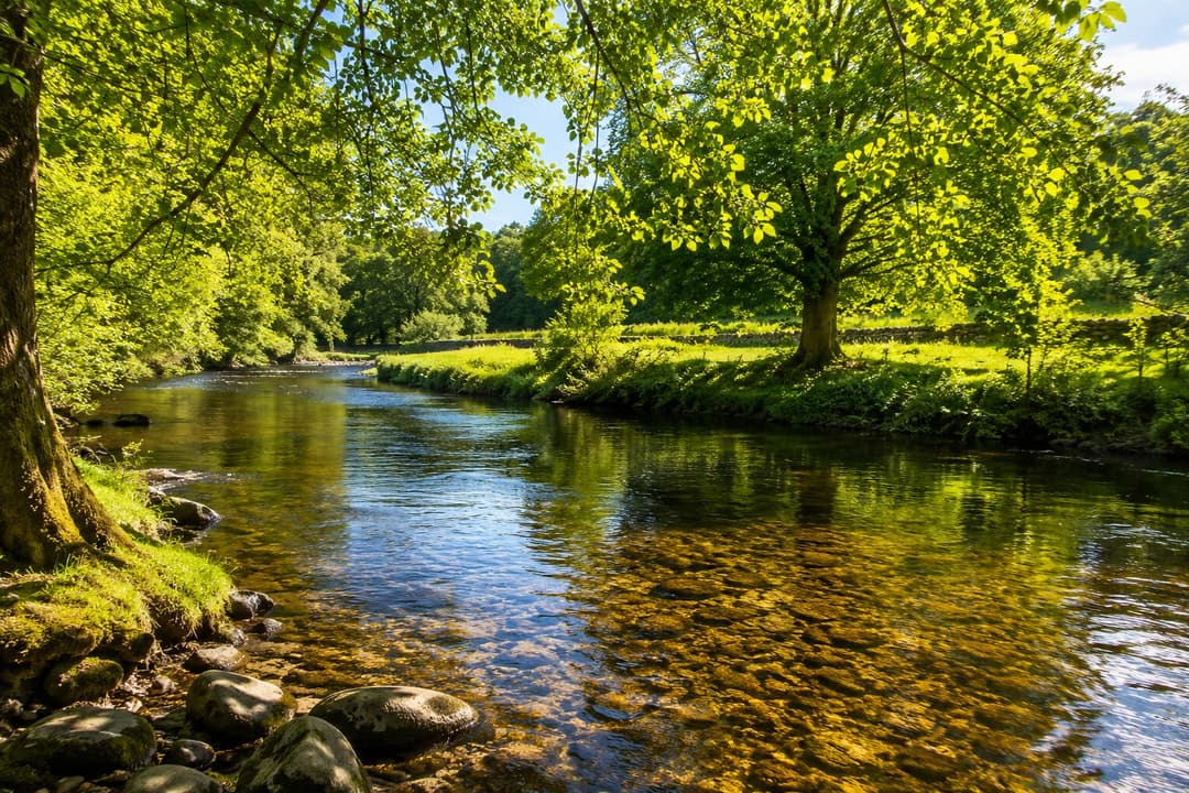 Children paddling in the shallow, pebbly River Nidd by the Recreation Ground