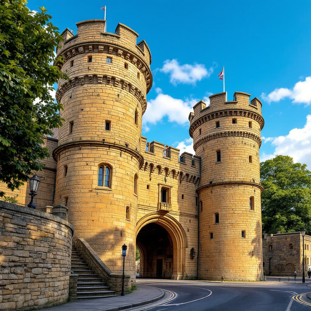 Skipton Castle medieval stone drum towers and gatehouse