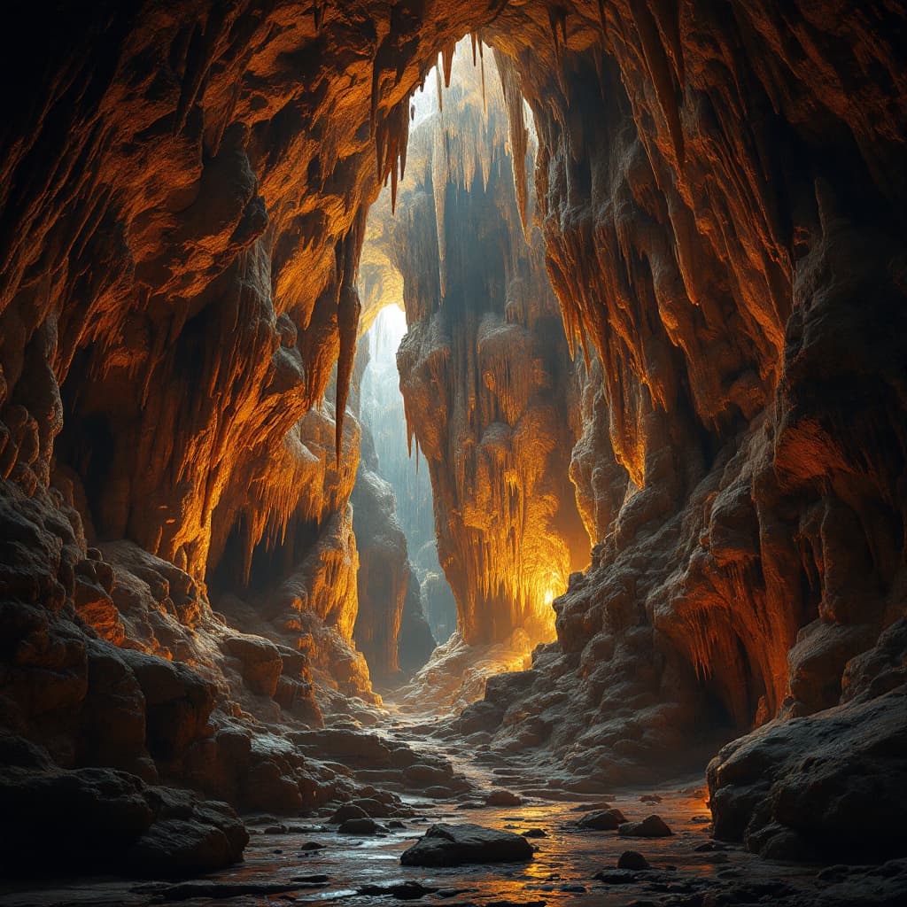 Underground cave with glowing stalactites and stalagmites lit in amber and purple
