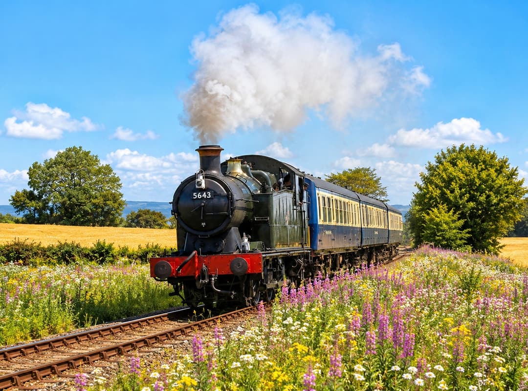 Vintage green heritage railway train passing through Wensleydale valley