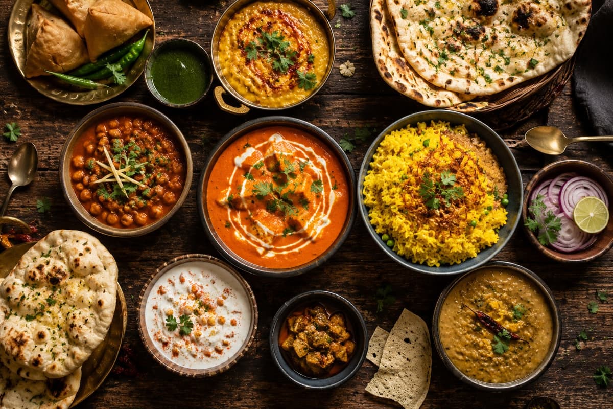 A spread of curries, rice, naan and samosas on a wooden table