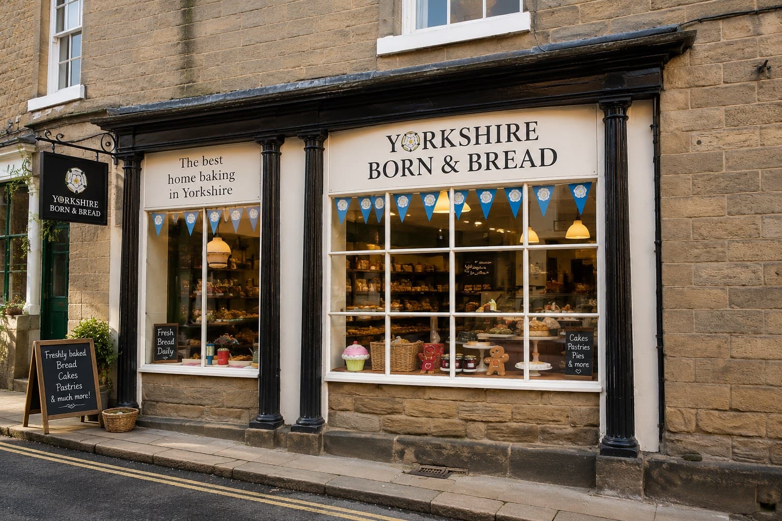 A stone-fronted bakery shopfront with bunting strung across the window, displaying cakes and pastries inside