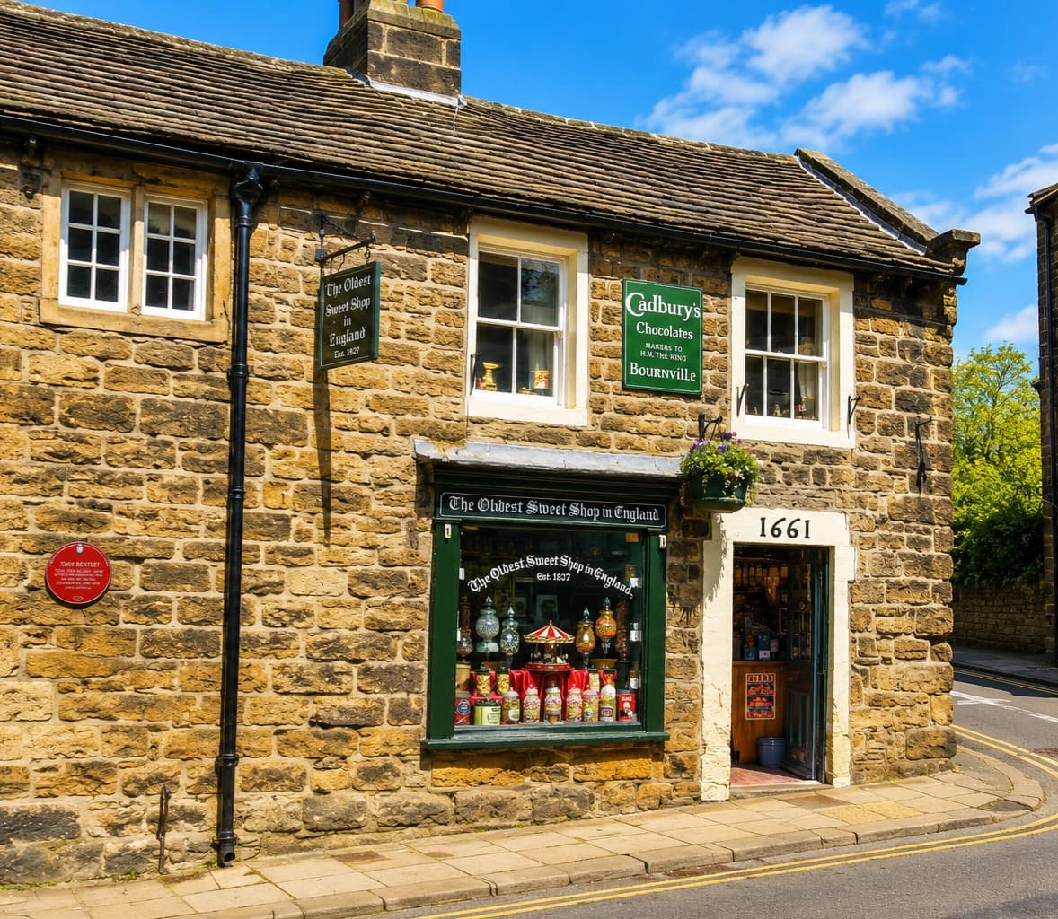 The Oldest Sweet Shop in England, Pateley Bridge - stone building with green frontage and glass jars of sweets