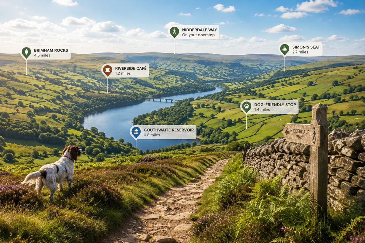 Map of Nidderdale showing pinned attractions, walks and dog-friendly stops around Pateley Bridge