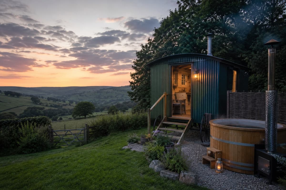 A wood-clad shepherd's hut holiday let in the Nidderdale countryside, the kind of independent stay listed on Airbnb