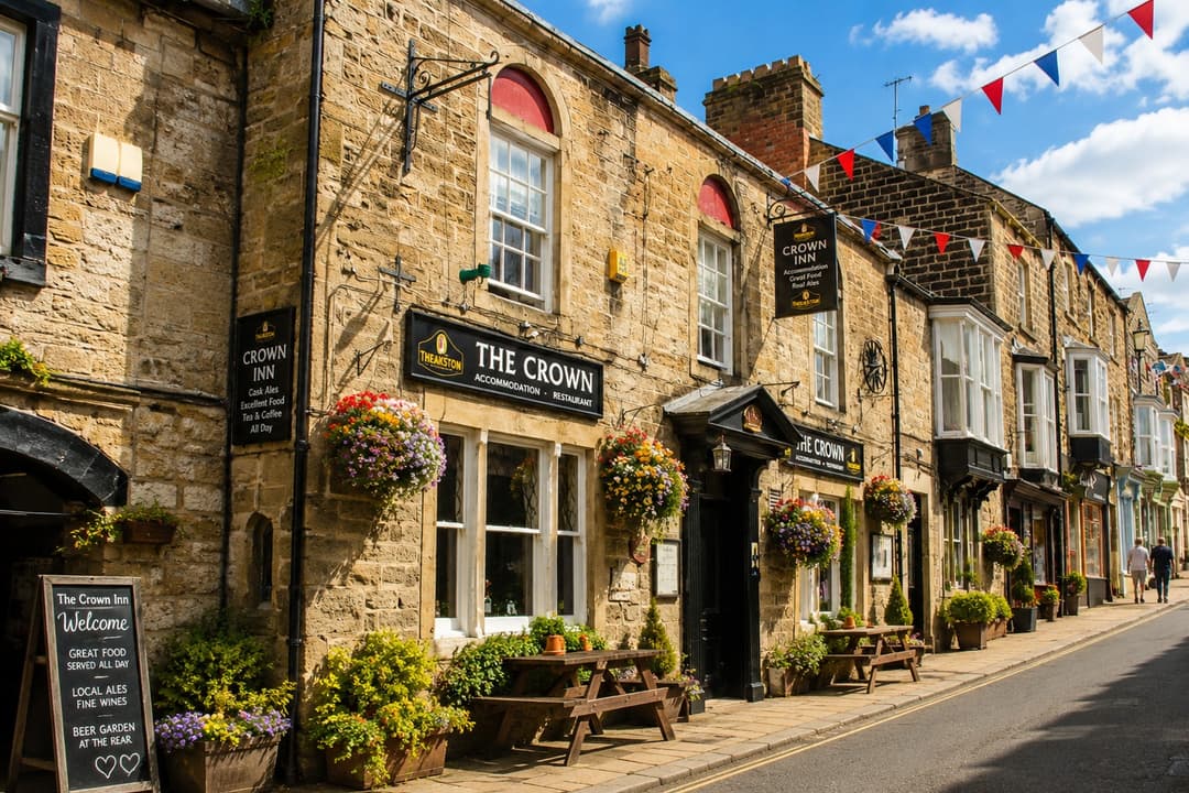 The stone facade of The Crown Inn on the High Street, with hanging flower baskets and bunting