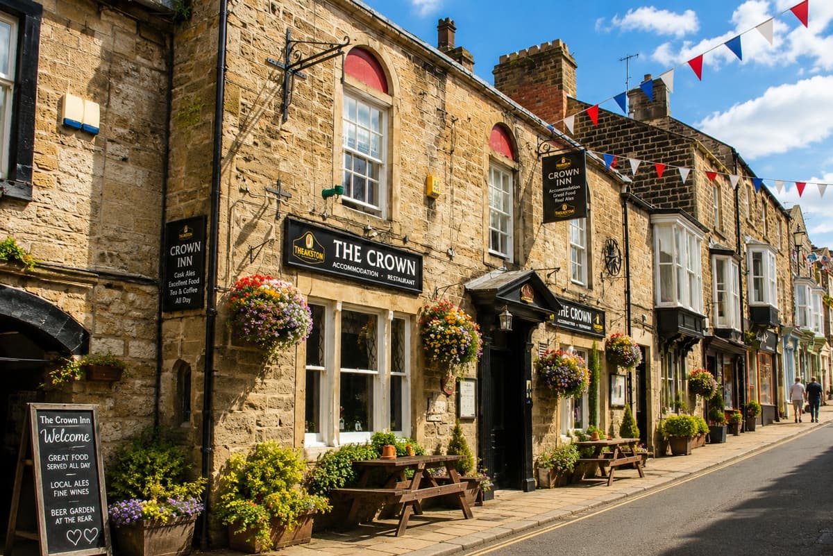 The stone-fronted Crown Inn on Pateley Bridge High Street, a 17th-century coaching inn with rooms above the pub