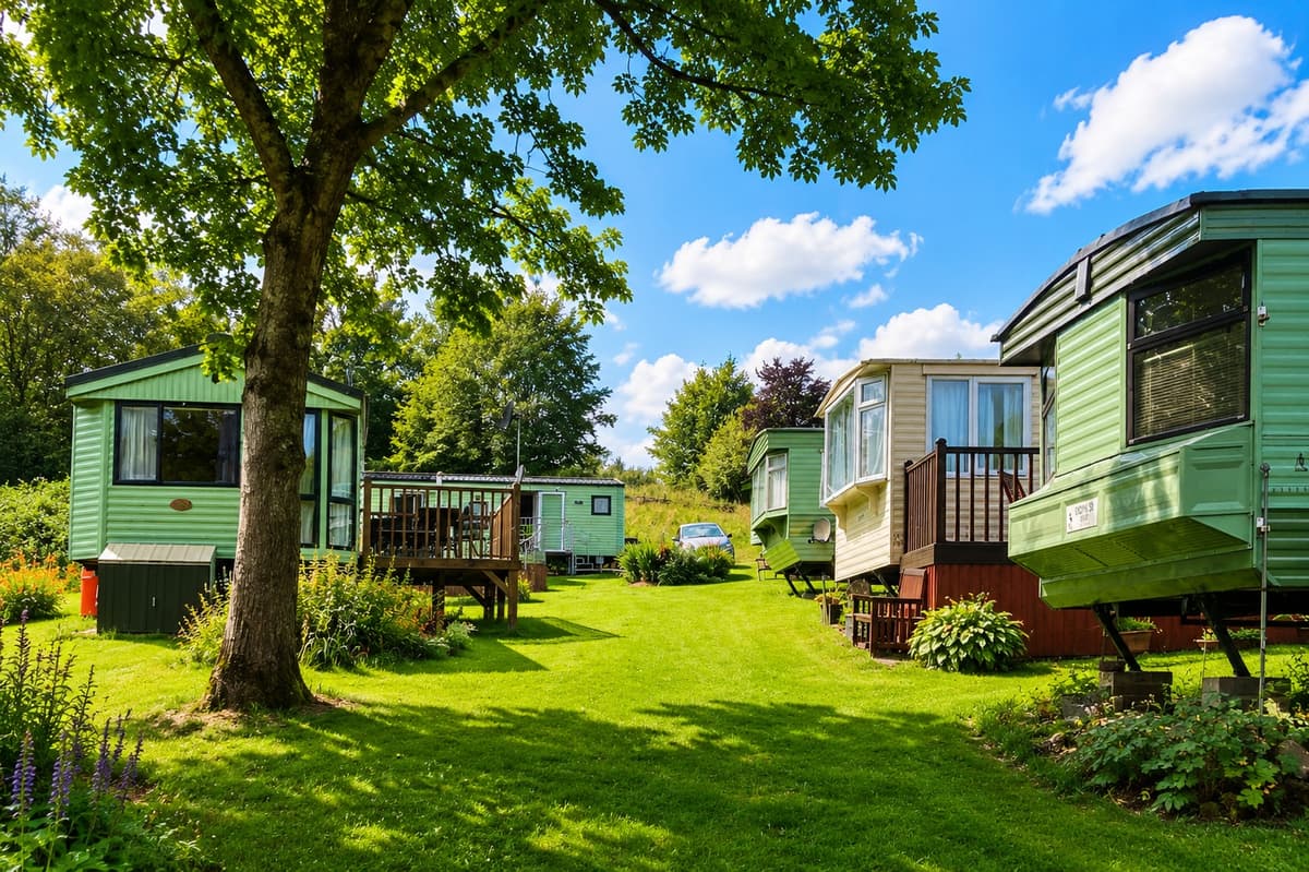 Holiday lodges and static caravans at a Nidderdale campsite with trees and green lawns