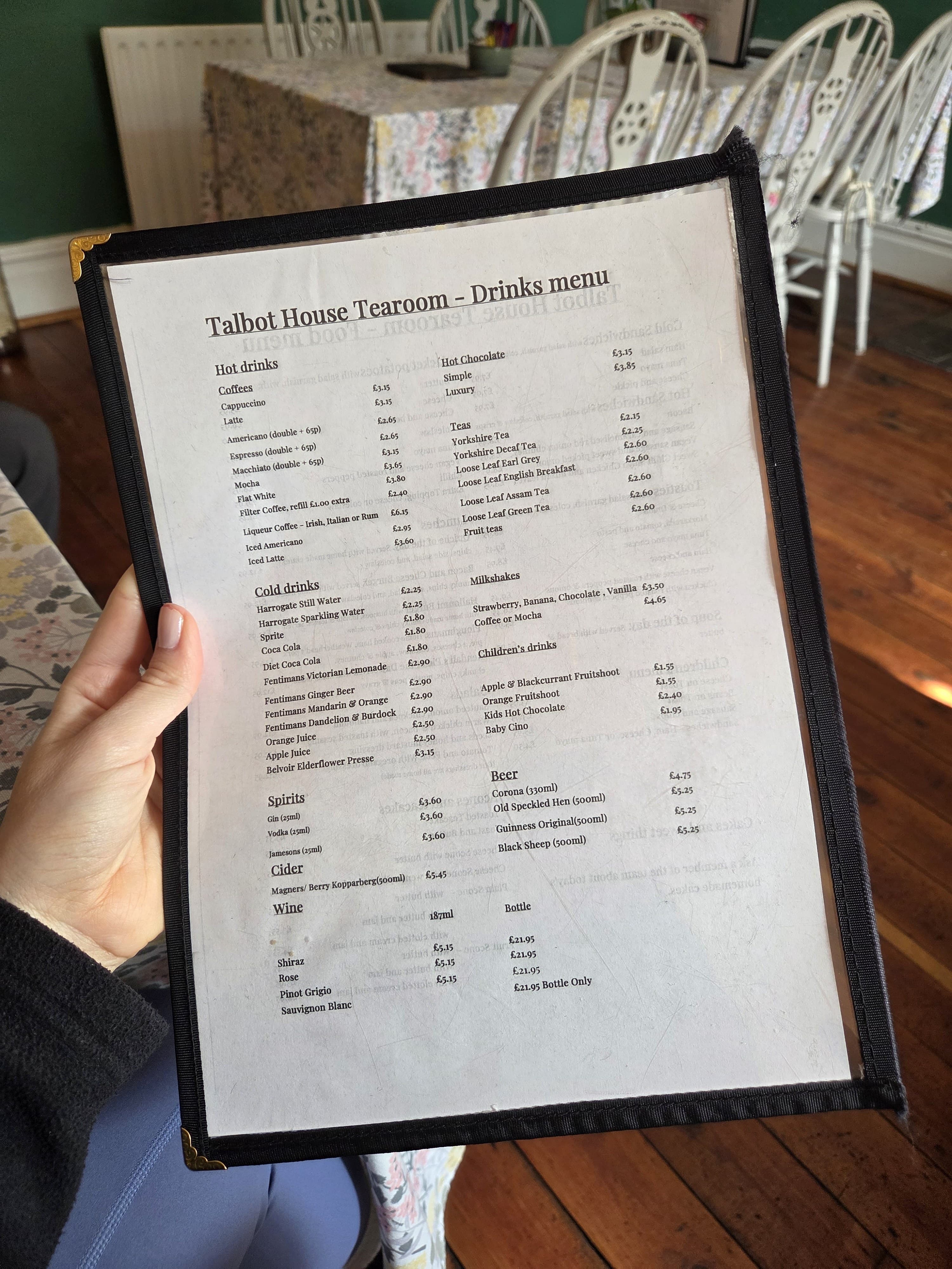 The Talbot House Tearoom drinks menu, listing hot drinks, cold drinks, milkshakes, spirits, cider, wine and beer
