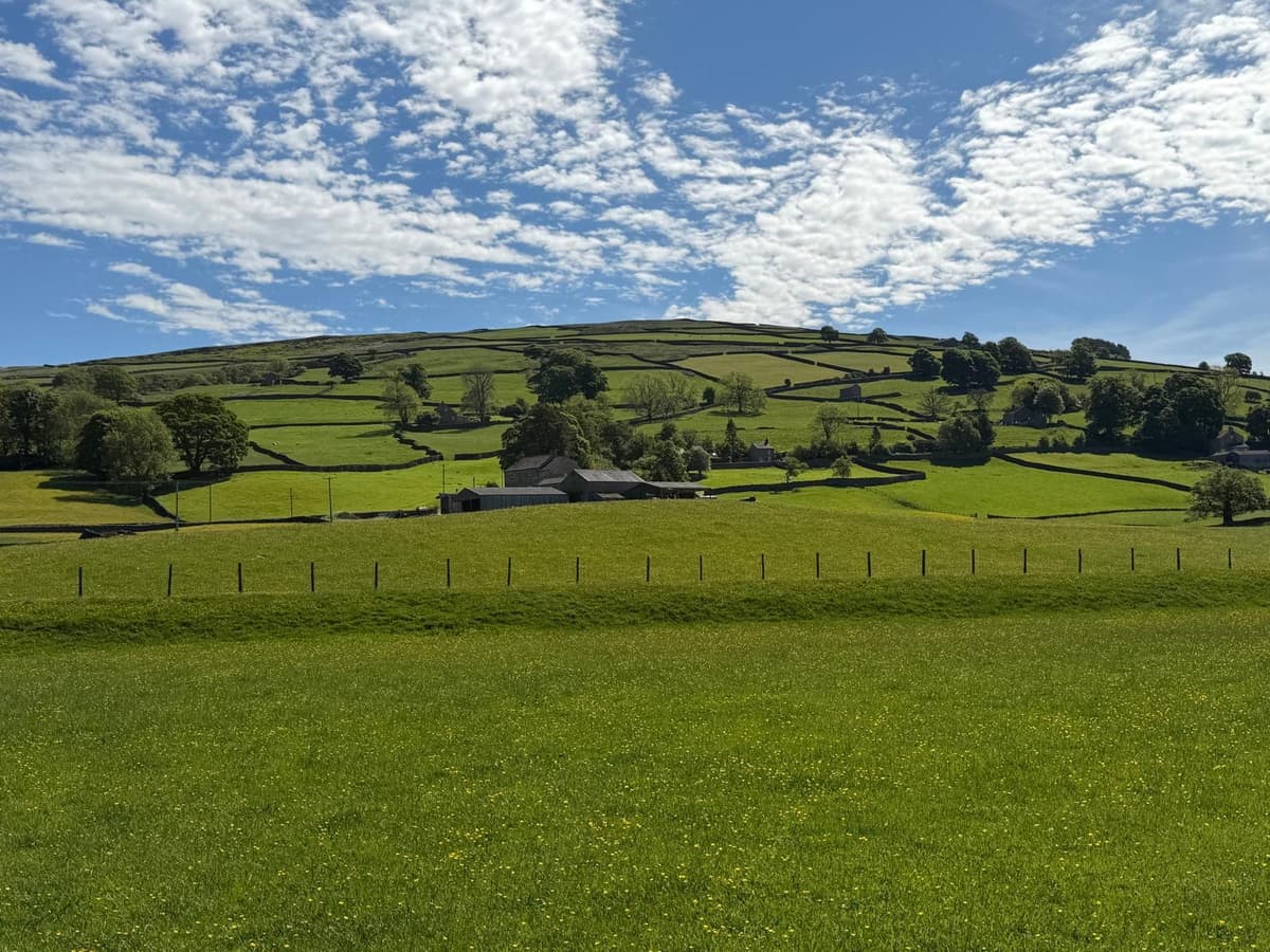 Stone farmhouse in Nidderdale with dry stone walls and green valley