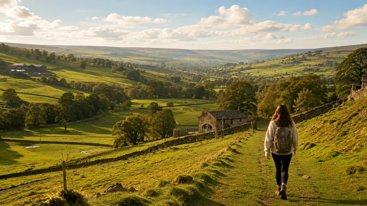 A walker with a backpack heading down a dale path past a stone barn, with green hills rolling into the distance
