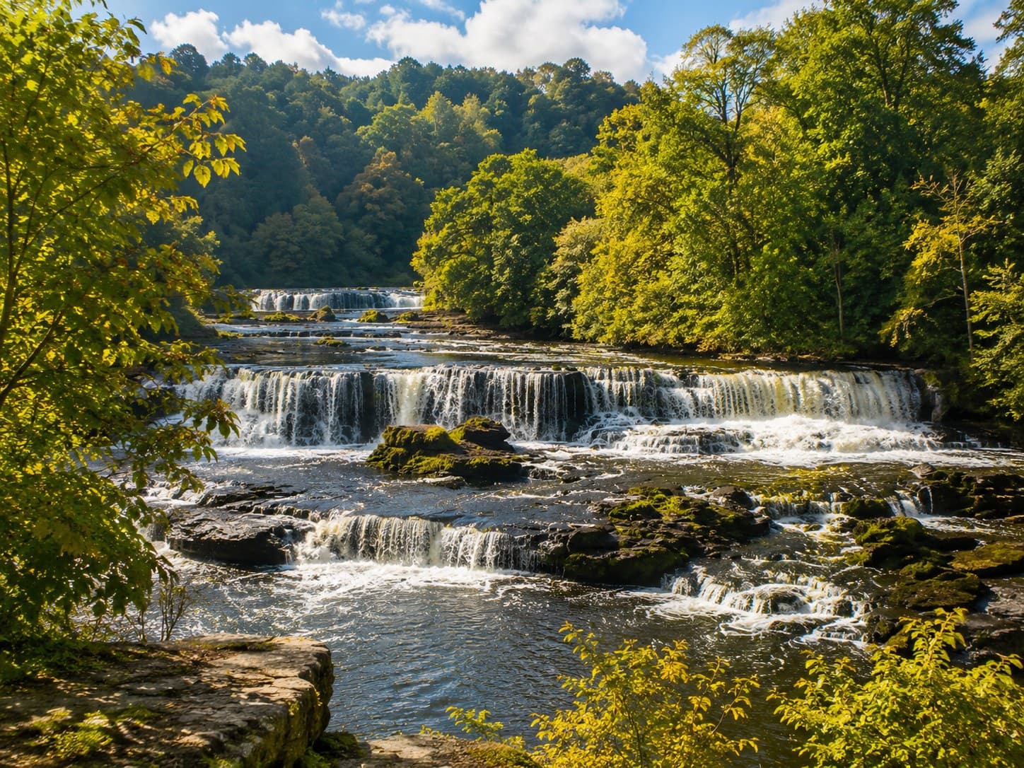 The River Ure tumbling over limestone steps at Aysgarth Falls in Wensleydale