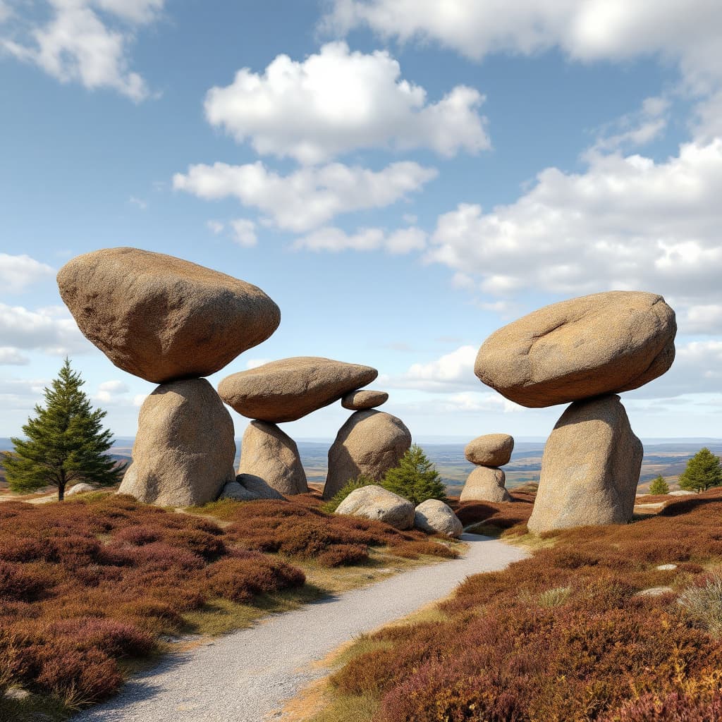 Ancient millstone grit rock formations balanced on Yorkshire moorland at golden hour