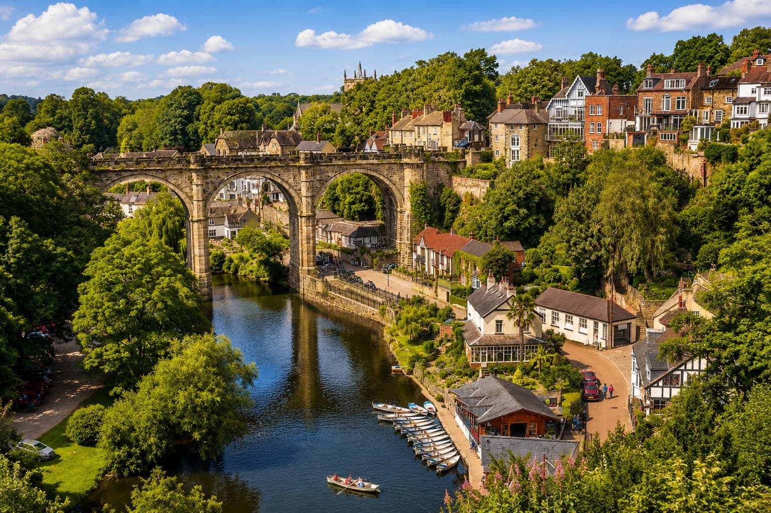 Knaresborough Castle and the railway viaduct above the River Nidd gorge