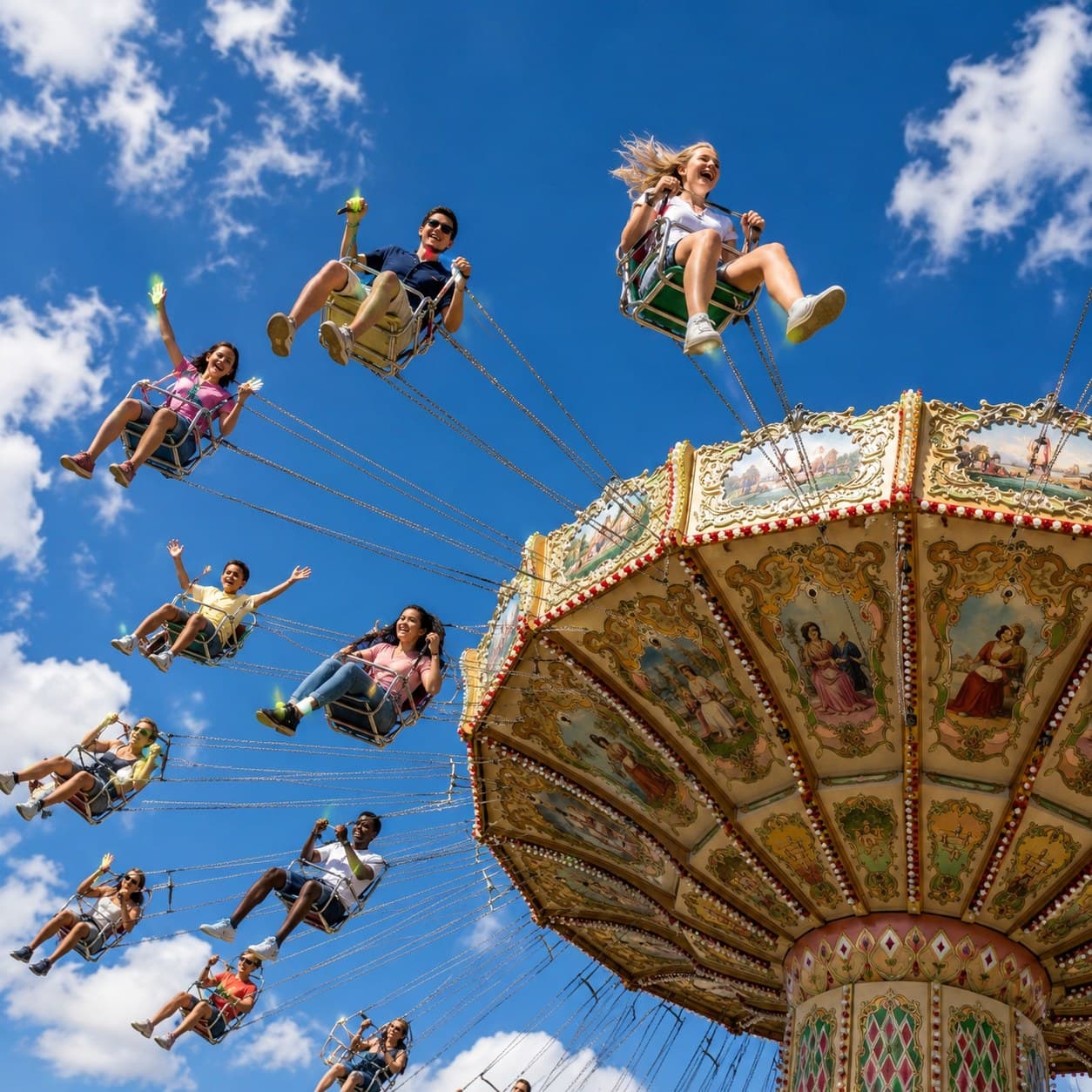 Riders on a swing ride against a blue sky at Lightwater Valley theme park