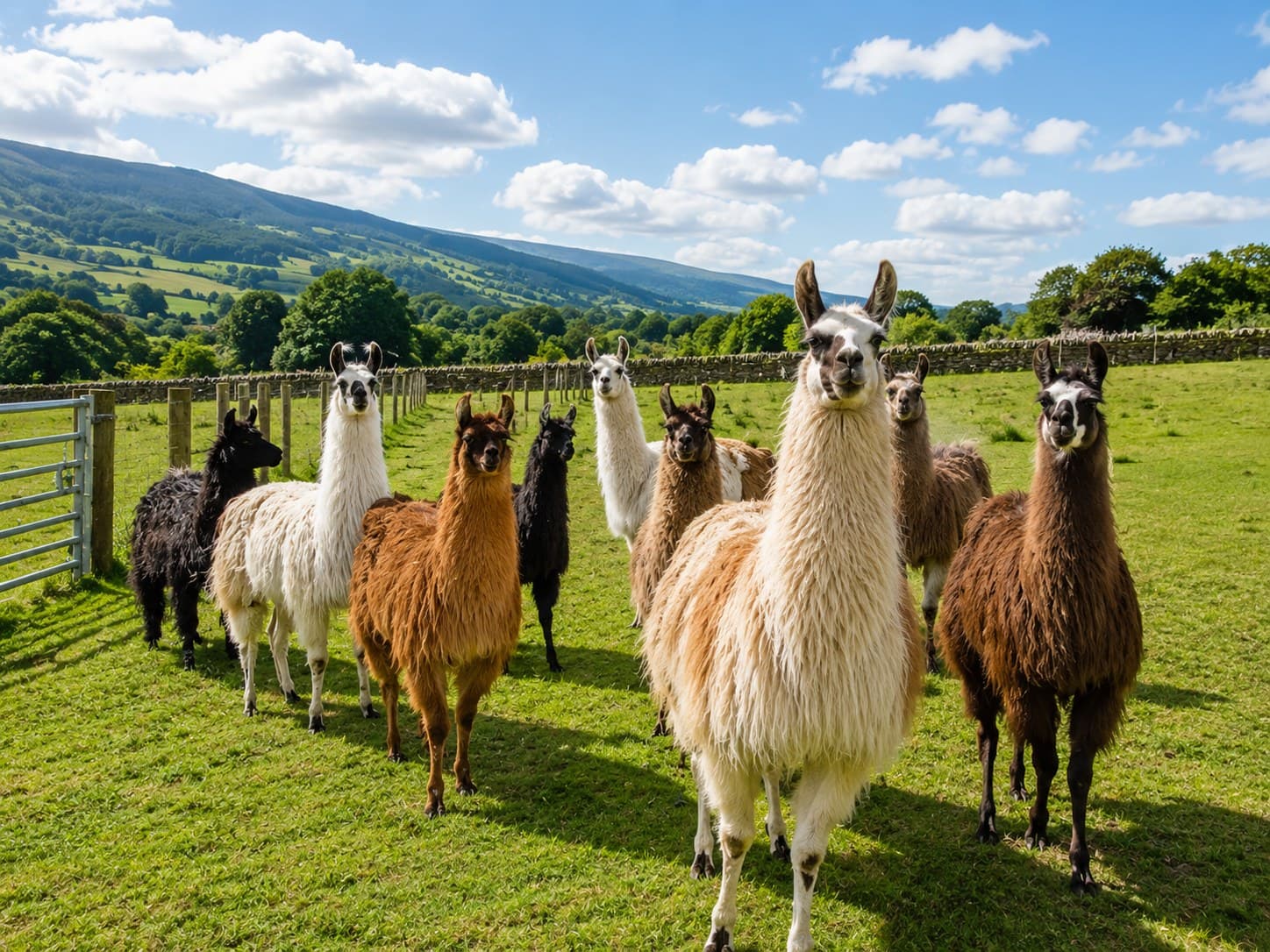 A llama being led along a farm track in Nidderdale