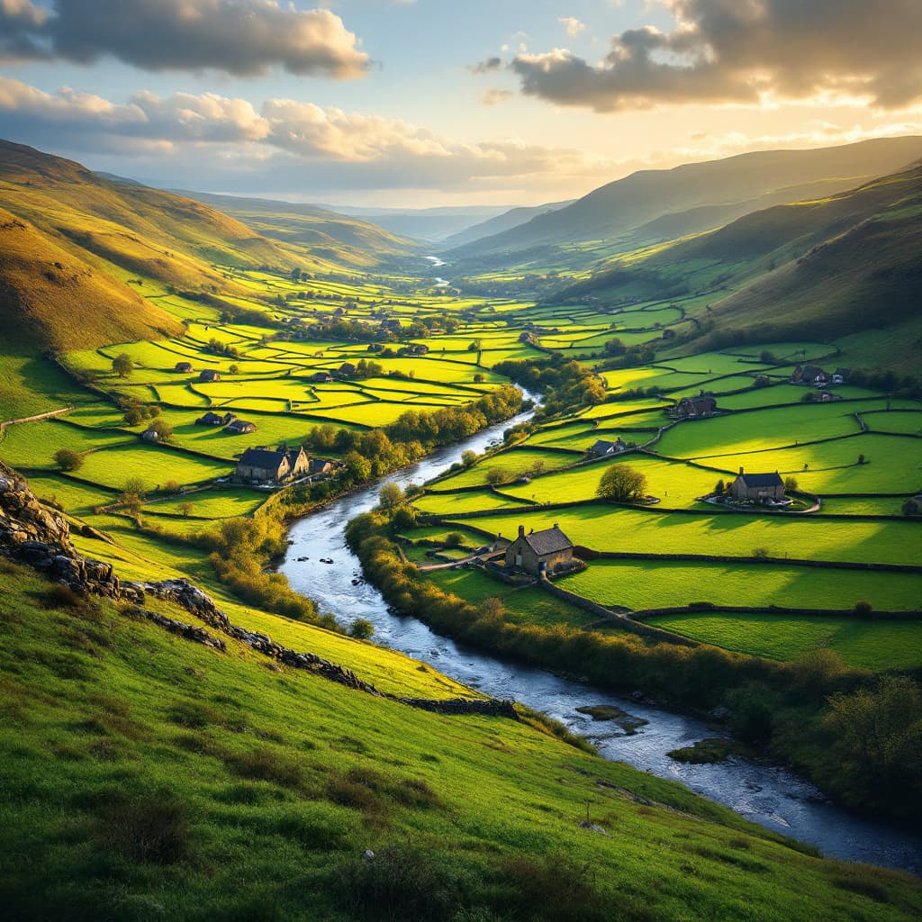 A green Nidderdale valley with dry stone walls and scattered farmhouses