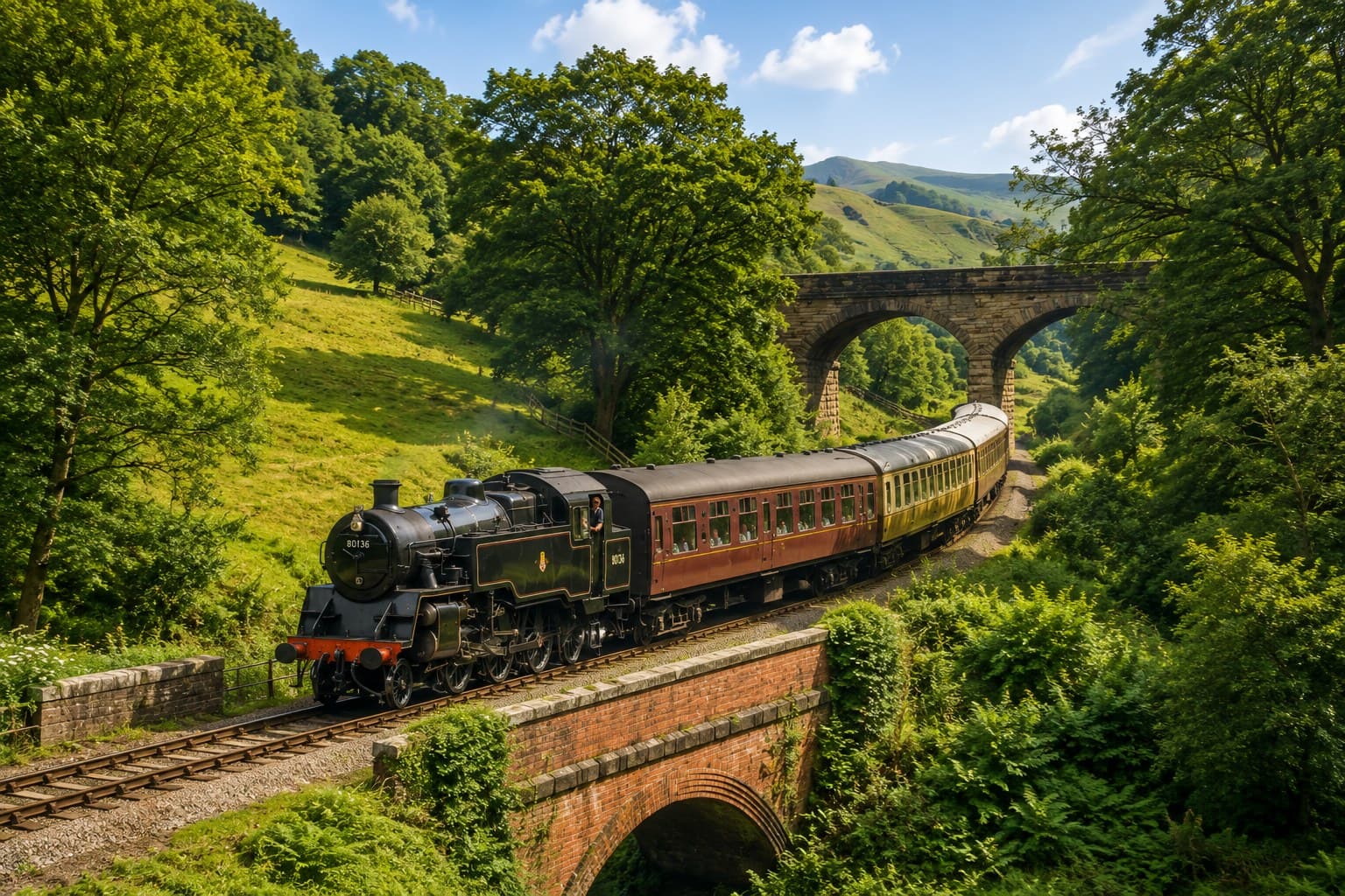 A steam locomotive crossing a wooded viaduct on the North Yorkshire Moors Railway