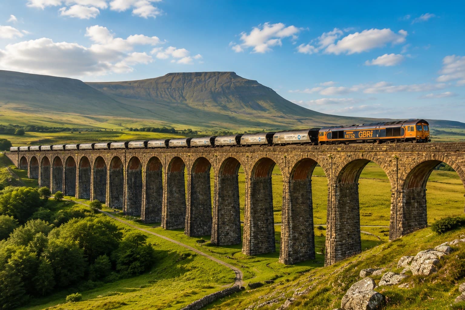 The 24 arches of Ribblehead Viaduct crossing the moorland