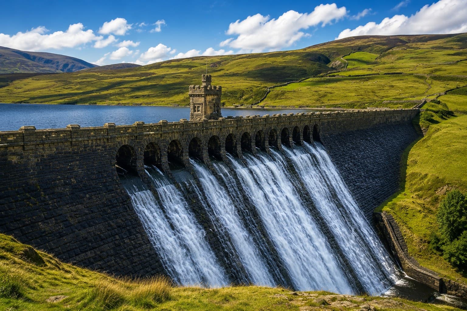 The dam wall and open water of Scar House Reservoir at the head of Nidderdale