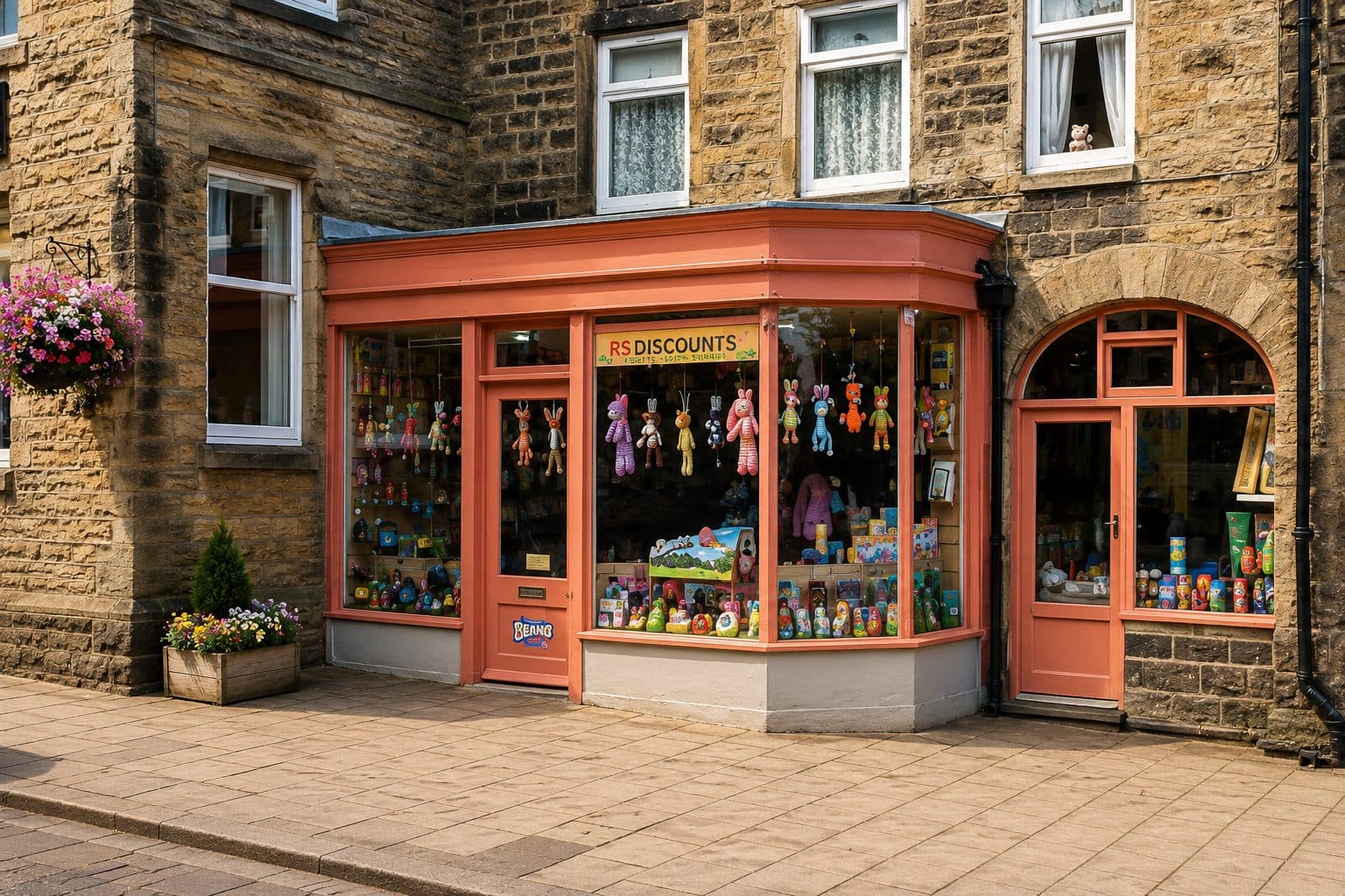 The bay-windowed shopfront of Chloe's Creature Comforts pet supplies shop in Pateley Bridge, with hanging flower baskets and window displays