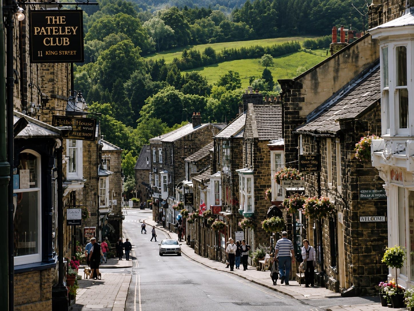 Looking down the High Street in Pateley Bridge, lined with stone shops and cottages with green hills behind