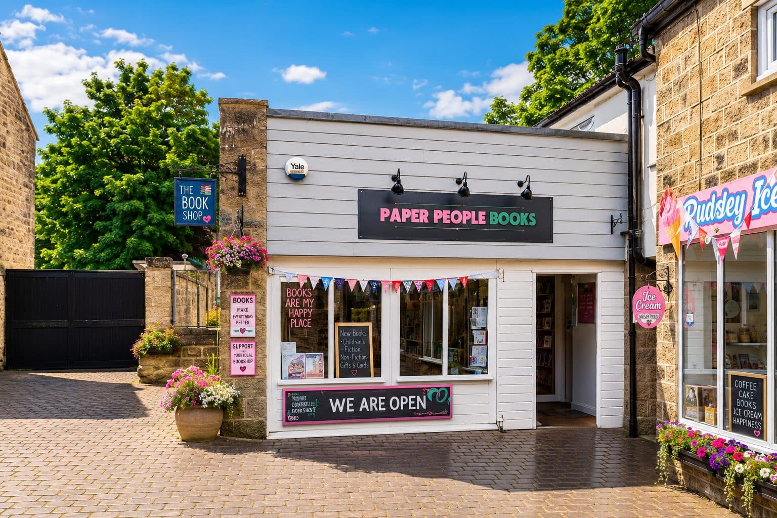The white-fronted exterior of Paper People Books in Pateley Bridge, with bunting, hanging flower baskets and a chalkboard sign reading "We Are Open"