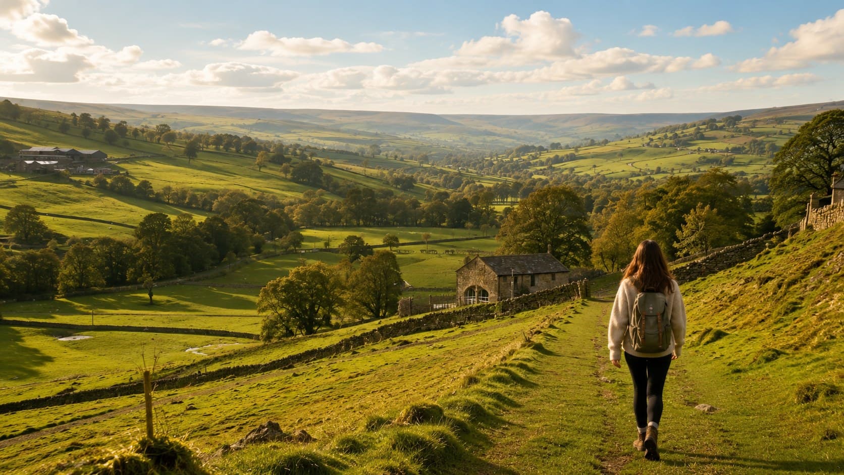 A walker with a backpack heading down a dale path past a stone barn, with green hills rolling into the distance