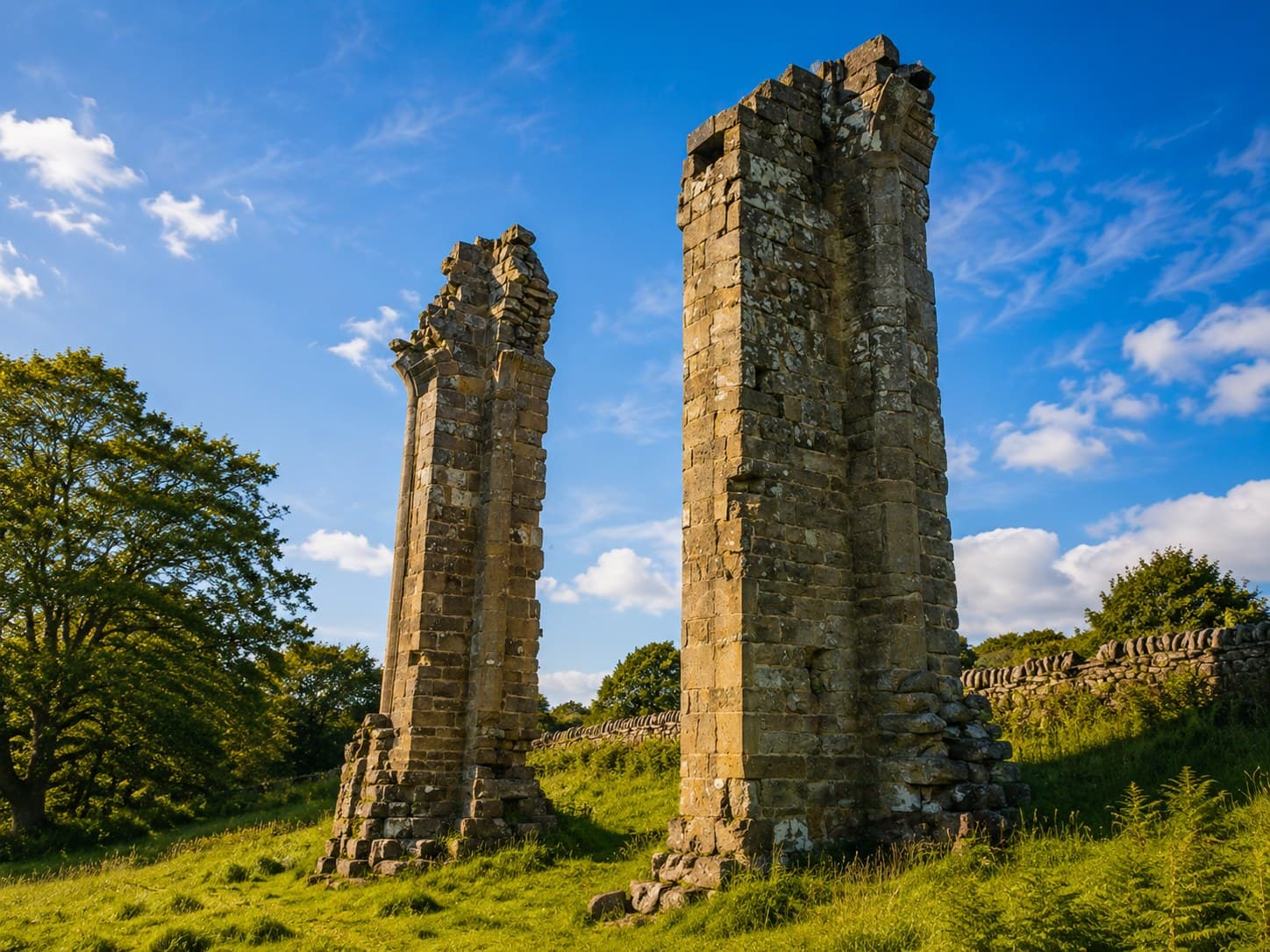The twin stone towers of Yorke's Folly standing on the moorland above Nidderdale